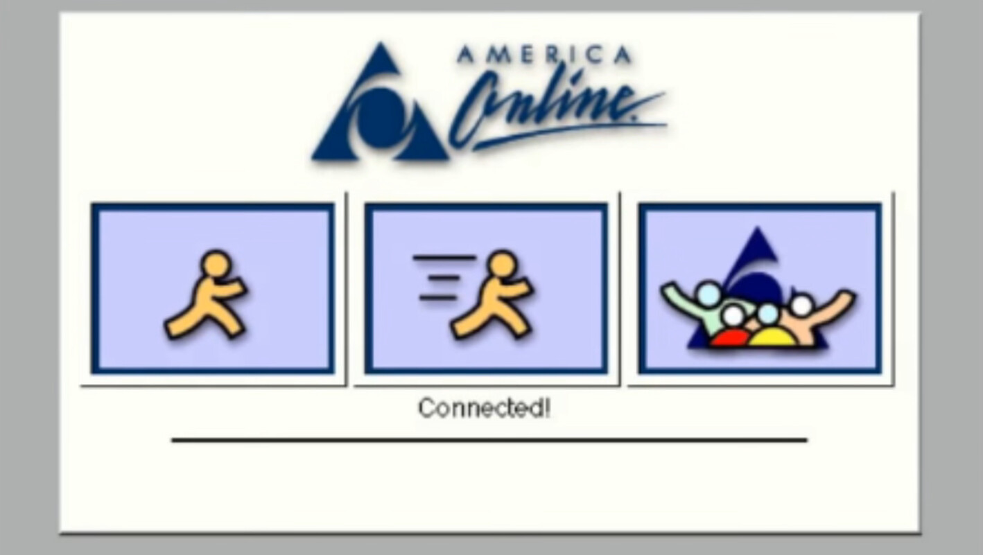 connected! the third image is four people cheering in front of the america online logo